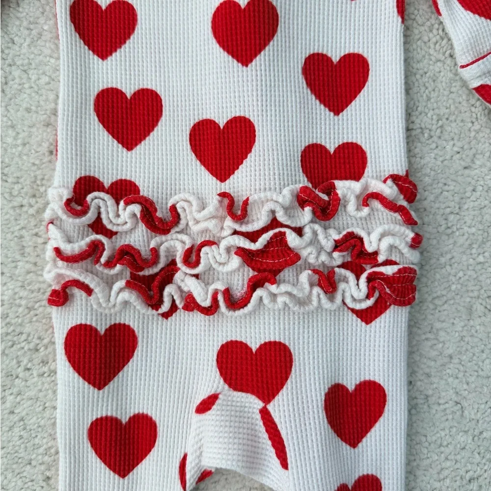 Spearmint Love Red Heart Waffle Knit Ruffled Footed One Piece - Picture 9 of 11